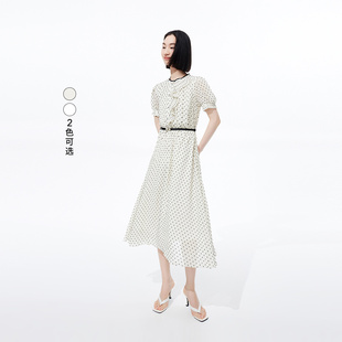LILY奥莱夏新款 复古浪漫波点别致洋气压褶气质垂感高腰连衣裙 女装