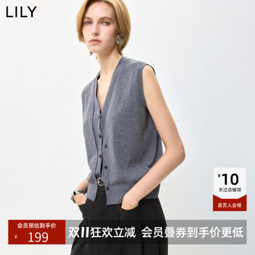 LILY2026秋新款格雷系V领假两件休闲通勤无袖针织开衫马甲背心女