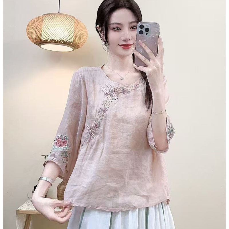 夏季棉麻斜襟盘扣刺绣茶服衬衫