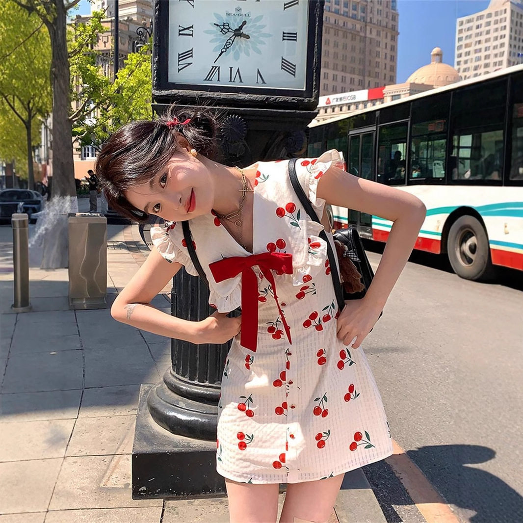 夏季韩系甜美蝴蝶结显瘦A字短裙