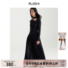 RUISHI芮时不规则褶皱肌理立领镂空连身伞裙修身黑色连衣裙女秋冬