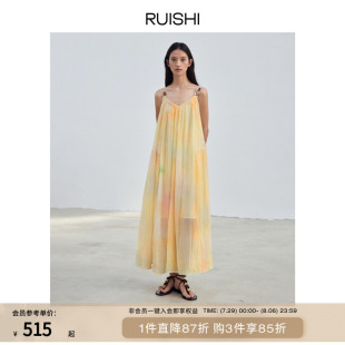夏花斑斓 RUISHI芮时 晕染印花压褶天丝串珠连衣裙大裙摆纱裙女夏