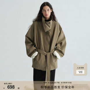 RUISHI芮时“抒情诗”棉质复古廓形两穿领短款橄榄色风衣外套女秋