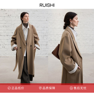 RUISHI芮时 口枪驳领双面呢大衣外套女冬 重磅驼绒条纹醋酸翻边袖