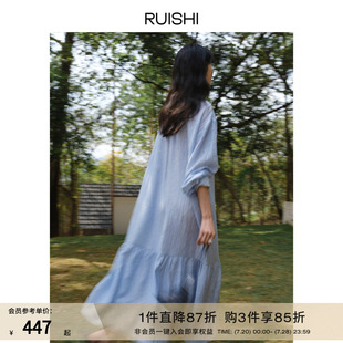 RUISHI芮时 珠光醋酸抽绳荡领垂感显瘦度假风A字连衣裙女春季