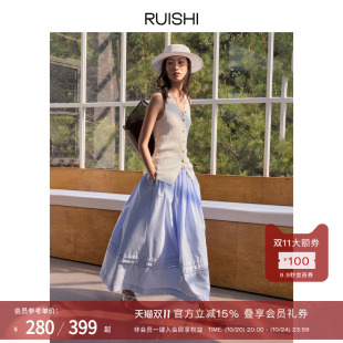 v领上衣套装 镂空花边拼接半身裙无袖 女夏 塔克法式 RUISHI芮时