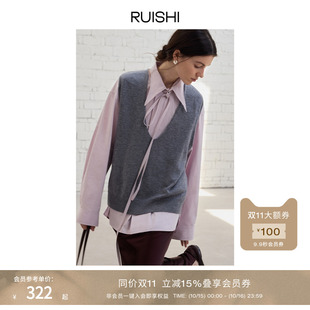 上衣女秋季 RUISHI芮时 100羊毛V领百搭宽松叠穿马甲针织背心无袖