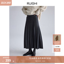 RUISHI芮时 60支羊毛知识分子风A字显瘦灰色针织百褶半身裙女冬