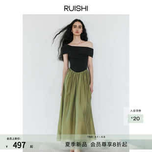 RUISHI芮时 莱赛尔混纺撞色拼接气质一字领连衣裙女夏 南法假日
