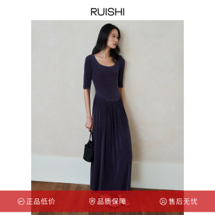 RUISHI芮时 收腰长裙优雅连衣裙女春 垂感醋酸面料圆领修身