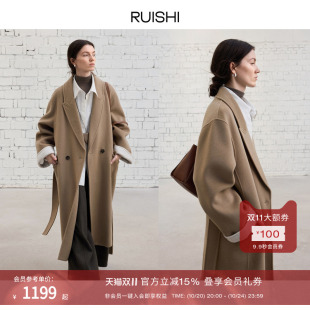 RUISHI芮时 口枪驳领双面呢大衣外套女冬 重磅驼绒条纹醋酸翻边袖