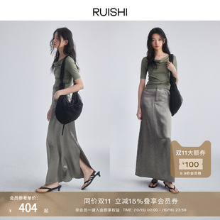 RUISHI芮时 100醋酸重工仿牛仔缎面A字半身裙开衩长裙女夏季