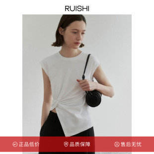 上衣女夏季 RUISHI芮时 100纯棉不规则设计感纽结宽肩圆领t恤无袖