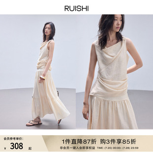 天丝亚麻细针提花纽结荡领上衣无袖 RUISHI芮时 显瘦t恤女夏