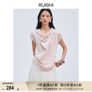 RUISHI芮时 法式 复古兔耳飘带设计慵懒荡领气质小衫 女夏季