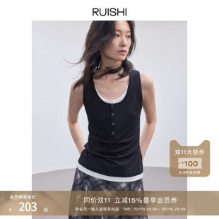 上衣女夏 u领背心无袖 RUISHI芮时 莱赛尔面料撞色假两件亨利领短袖