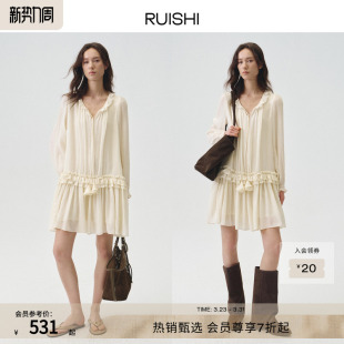 RUISHI芮时 花朵系带宽松度假风荷叶边连衣裙子女夏 云絮柔漾