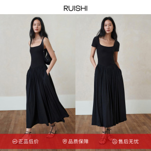 RUISHI芮时 优雅双面针织V型裙身收腰方领小黑裙连衣裙女春夏 法式