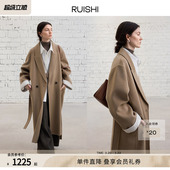 RUISHI芮时 口枪驳领双面呢大衣外套女冬 重磅驼绒条纹醋酸翻边袖