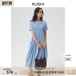A字连衣裙女春夏 醋酸亚麻混纺抽褶短袖 RUISHI芮时 霓光海屿
