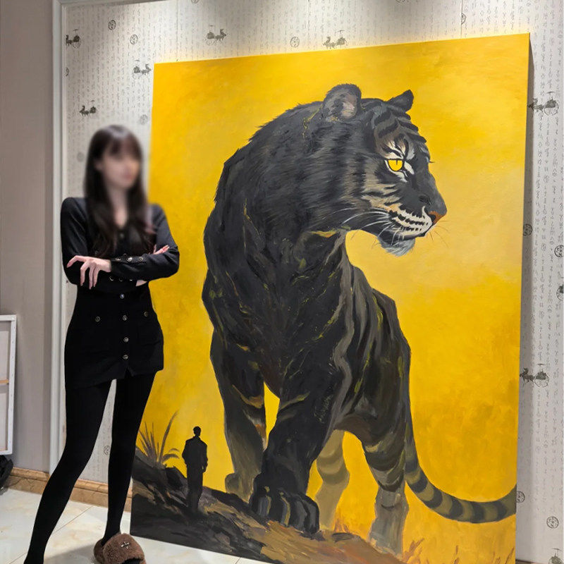 现代简约艺术客厅装饰画意式轻奢肌理感老虎别墅玄关高级感挂画