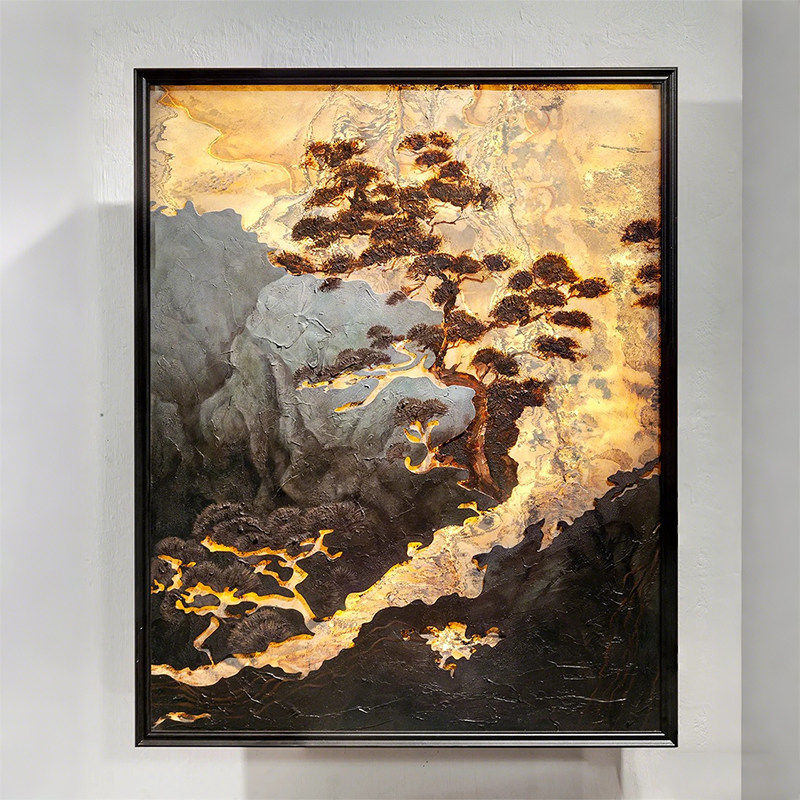 新中式山水客厅装饰画黑金松树玄关沙发背景墙壁画招财电表箱挂画