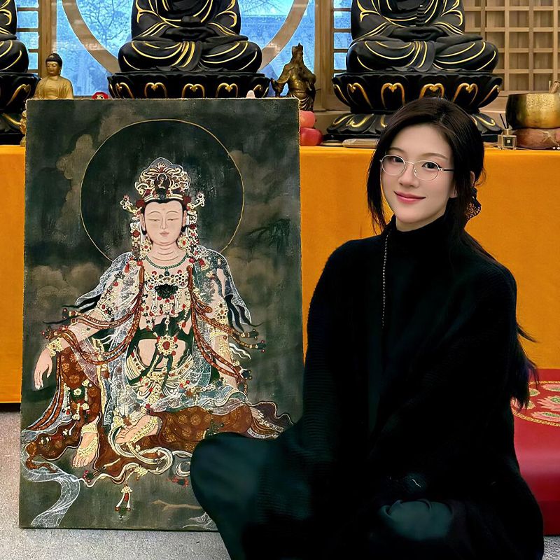 新中式客厅装饰画佛像唐卡挂画禅意平安轻奢水月观音画像玄关壁画