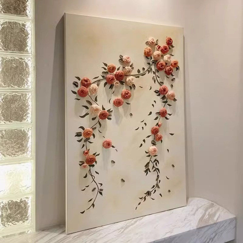 法式风格粉色花卉客厅床头背景墙装饰画平面喷绘高级感卧室挂画