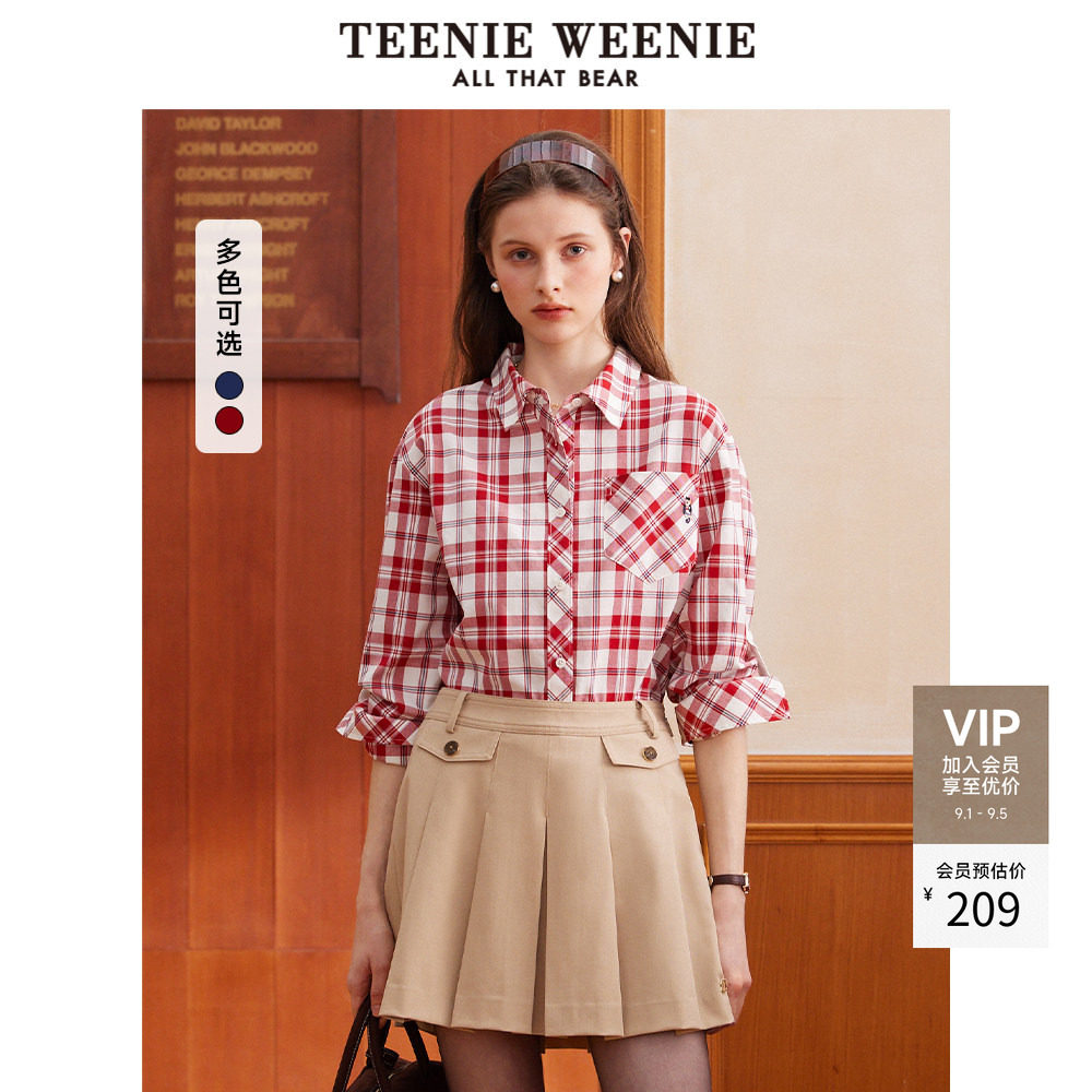 TeenieWeenie小熊女装衬衫秋季休闲复古时尚格纹长袖红色上衣