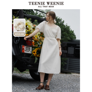 TeenieWeenie小熊奥莱女装 少女感连衣长裙 夏季 宽松肌理方领泡泡袖