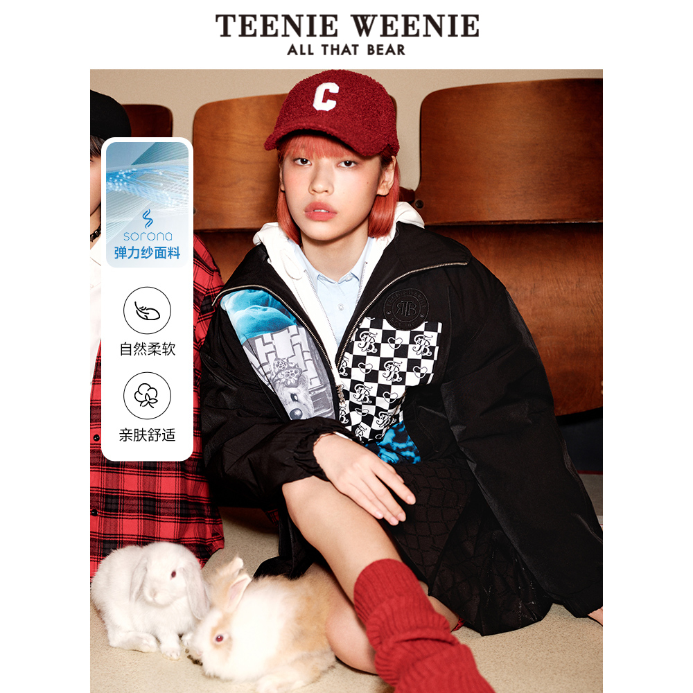 TeenieWeenie小熊奥莱黑白棋盘格薄款棉服外套弹力纱兔国