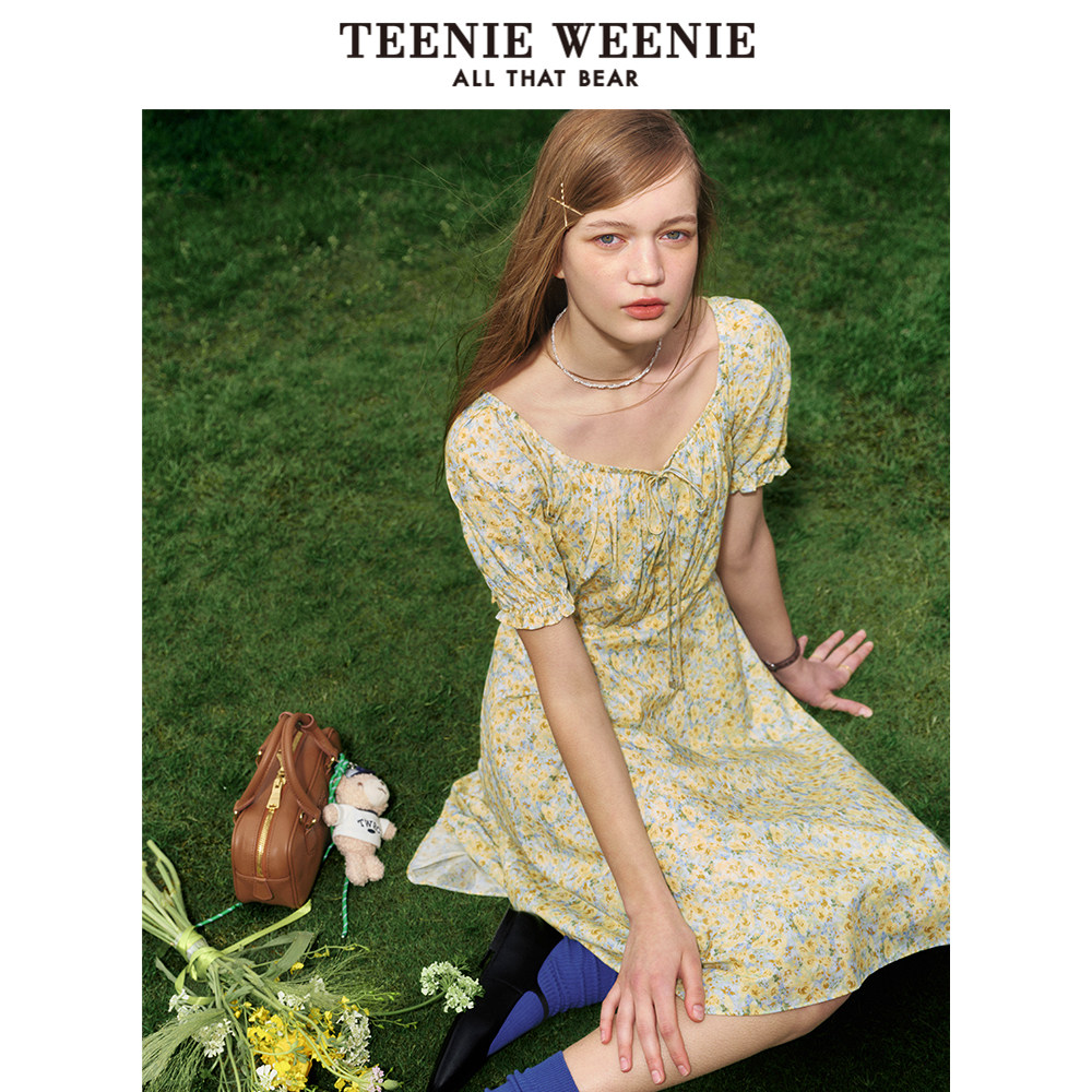 TeenieWeenie小熊奥莱轻薄方领碎花连衣裙法式泡泡袖复古