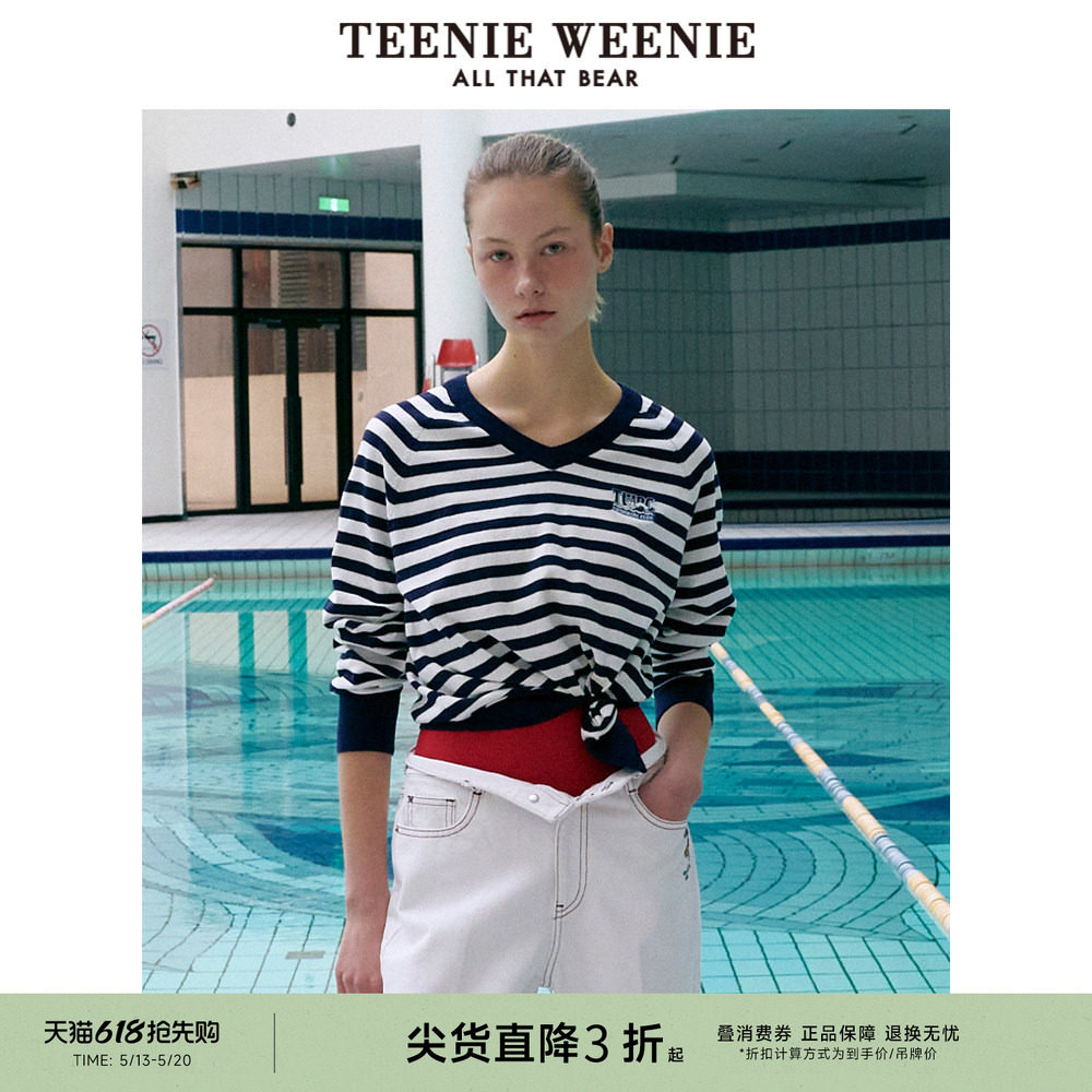 TeenieWeenie小熊奥莱女装舒适宽松时尚V领条纹打底薄毛