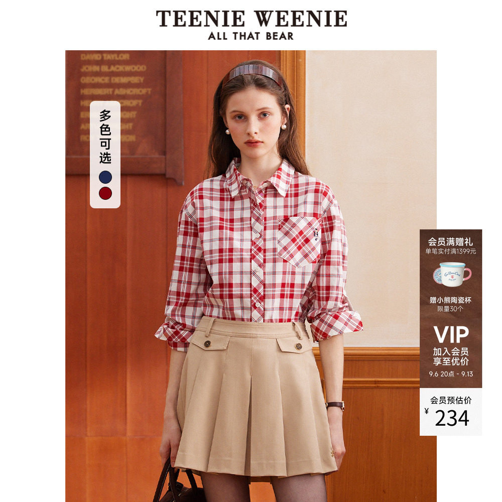TeenieWeenie小熊女装衬衫秋季休闲复古时尚格纹长袖红色上衣