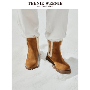 TeenieWeenie小熊奥莱简约靴子女冬季 反毛拼接美拉德舒适女鞋