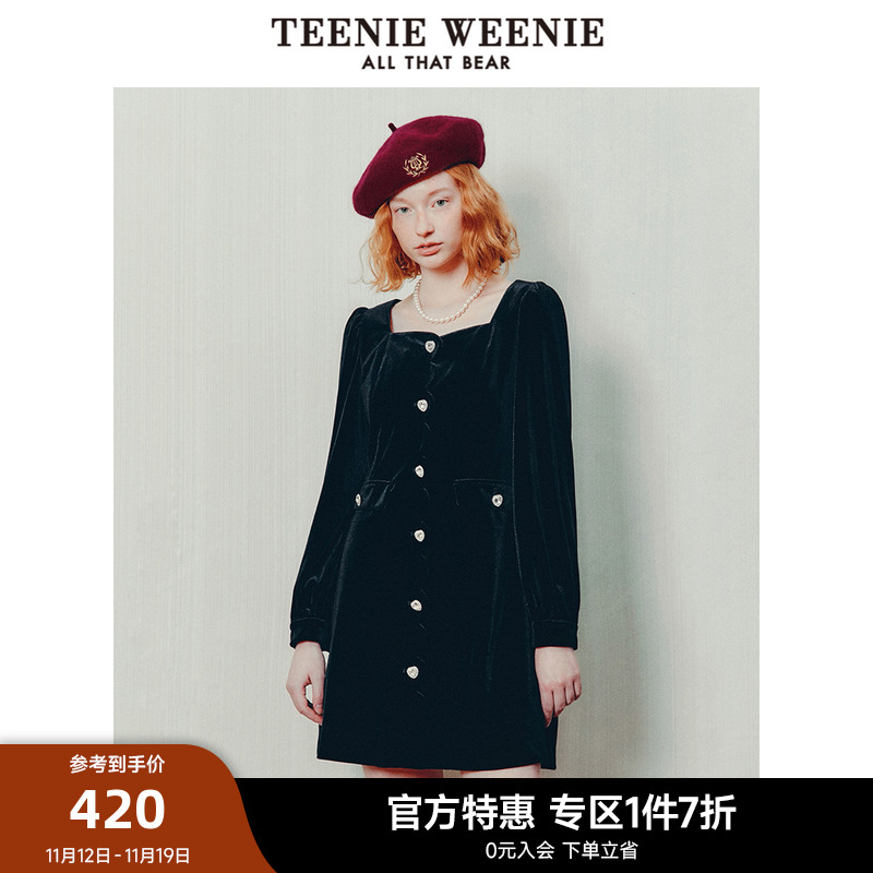 TeenieWeenie小熊秋冬新款复古气质泡泡袖收腰小黑裙连衣裙女