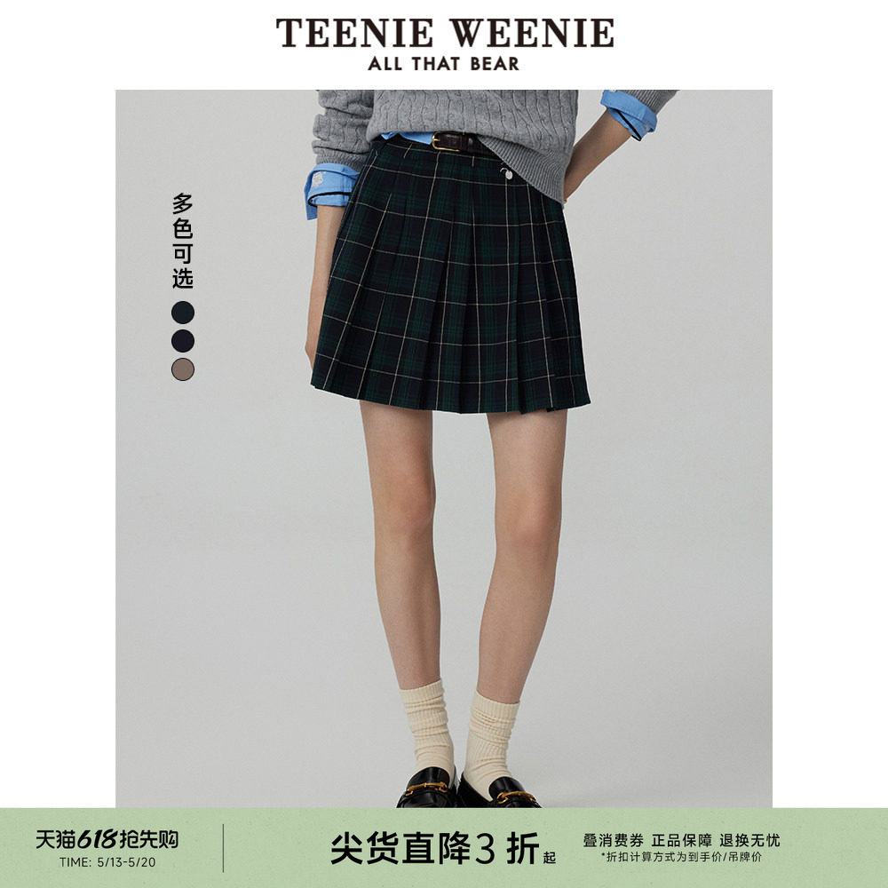 TeenieWeenie小熊奥莱秋季通勤学院风格纹百褶裙半身裙短