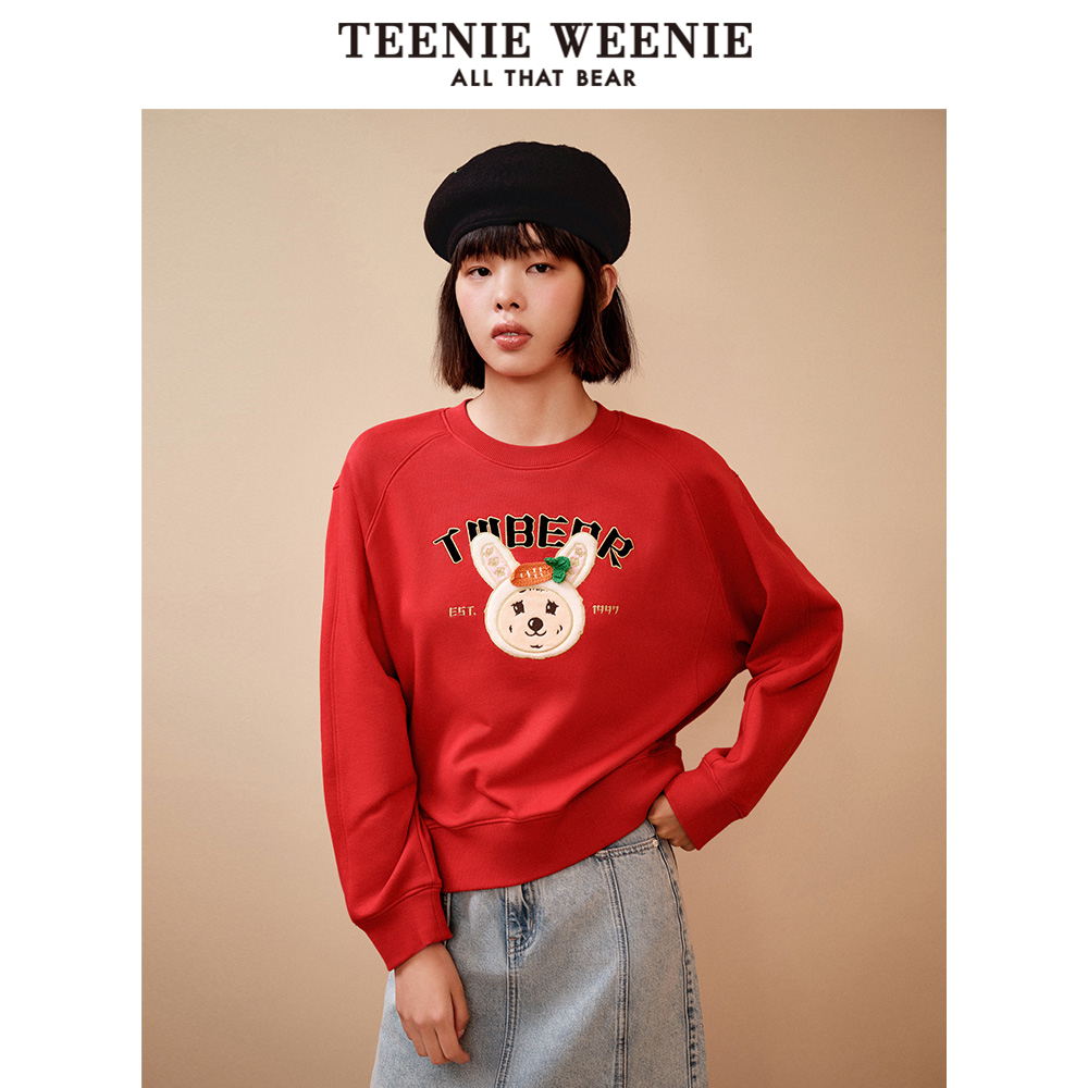TeenieWeenie小熊奥莱圆领短款卫衣时尚休闲黑色女装红色上衣宽松