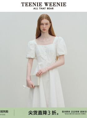 TeenieWeenie小熊奥莱女装夏季气质连身裙方领泡泡袖白色连衣裙