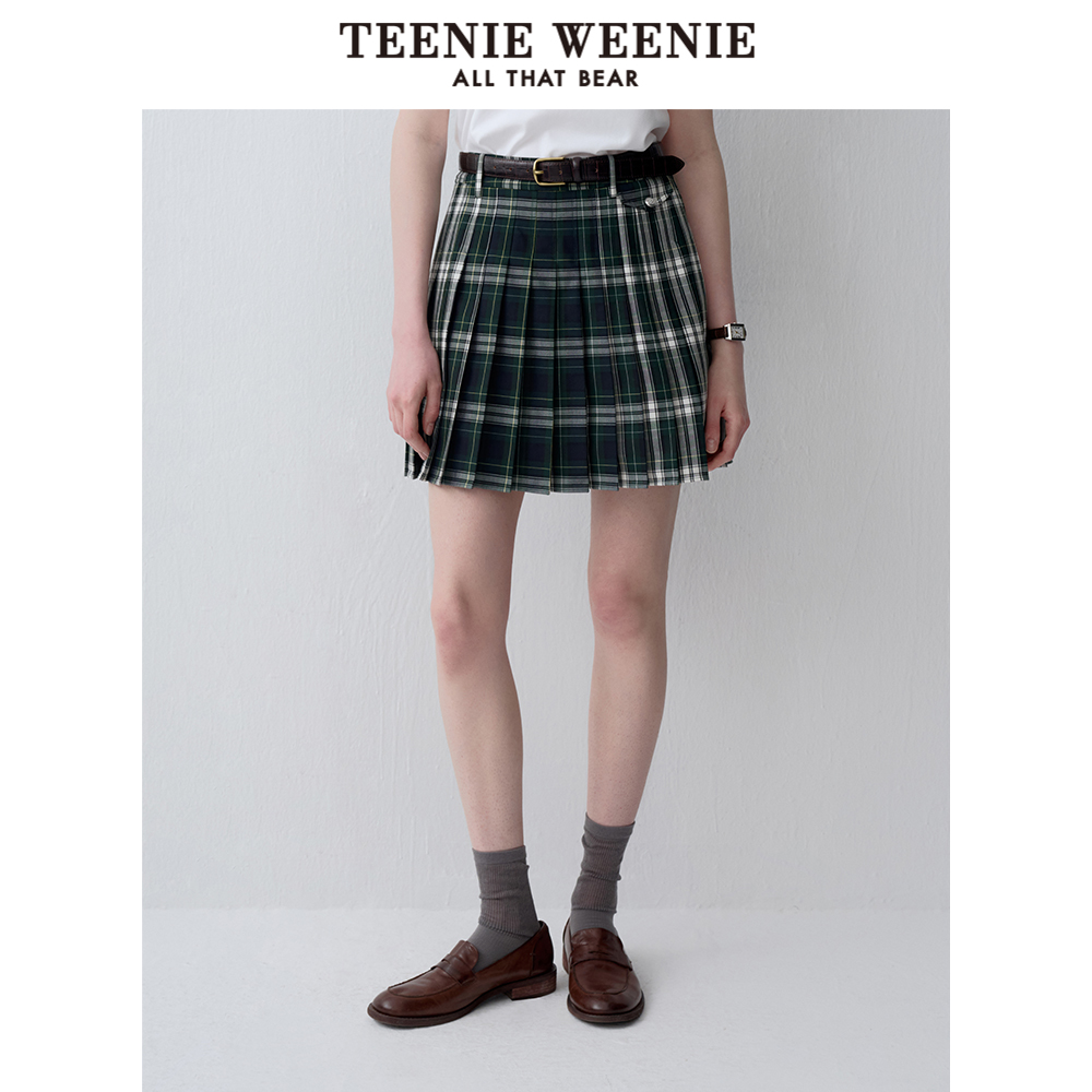 TeenieWeenie小熊奥莱新款夏装复古撞色格纹高腰百褶裙半