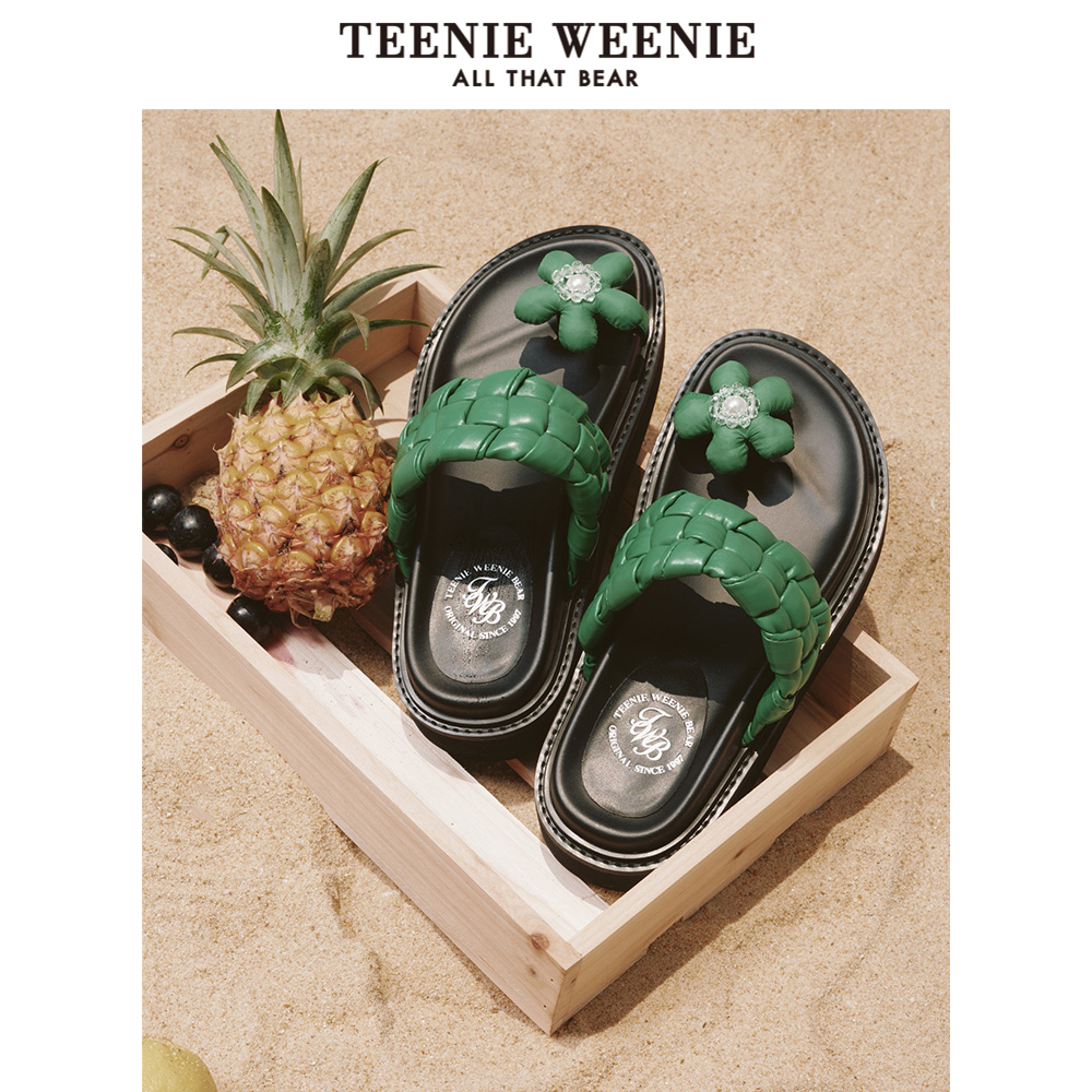 TeenieWeenie小熊奥莱夏色彩充棉花朵编织时尚露趾凉拖鞋度假风女