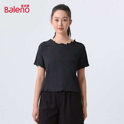 班尼路2025夏季新款时尚纯色修身百搭女装T恤肌理感木耳边短袖衫