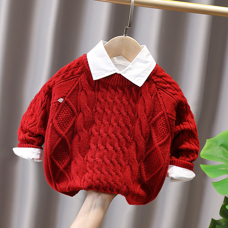 儿童复古麻花加绒红色毛衣男女童