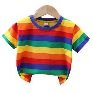 儿童时髦彩虹条纹短袖T恤男女童2026夏装3宝宝半袖上衣小童体恤衫