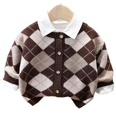 儿童复古菱形格子针织开衫男女童