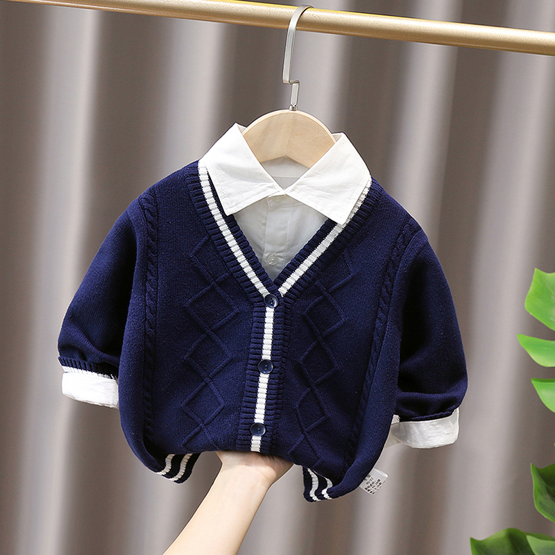 儿童学院风V领针织开衫男童毛衣