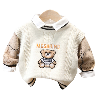 宝宝拼接加绒加厚毛衣男女童2025秋冬婴儿童潮牌针织衫小童线衣潮