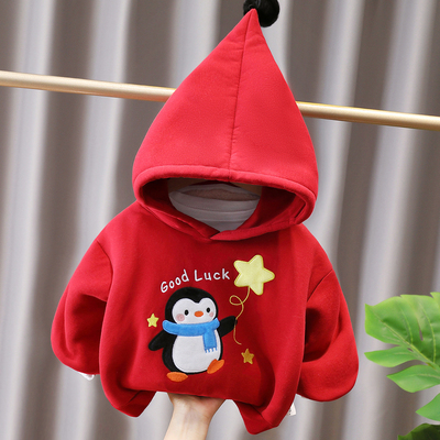 小童刺绣卡通红色加绒卫衣男女童