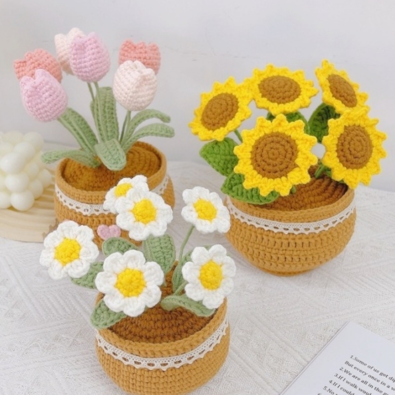 手工编织DIY毛线花束材料包郁金香小雏菊盆栽钩织自制摆件永生花