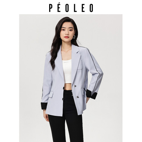 飘蕾撞色西装外套女秋季新款通勤职场宽松紫色甜酷休闲西服